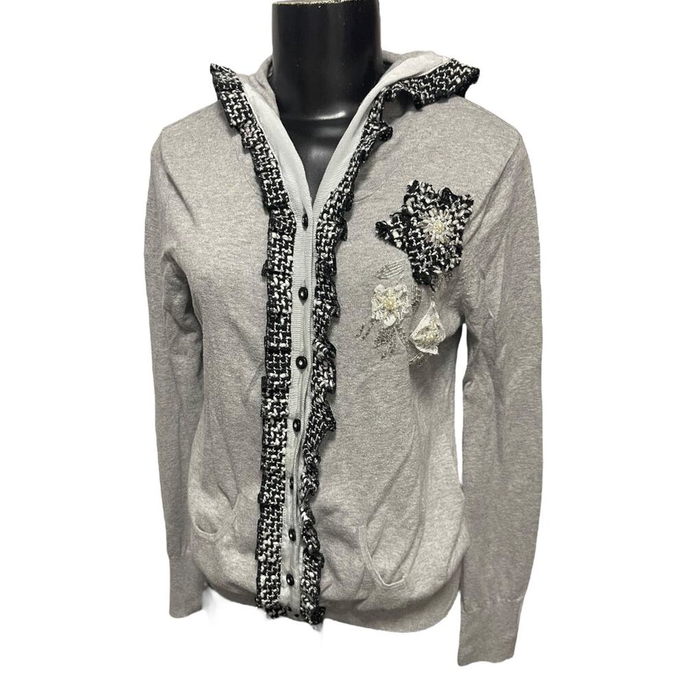 Large Charlotte Womens Gray Cardigan Sweater Hooded Cotton Rosettes - Picture 3 of 12